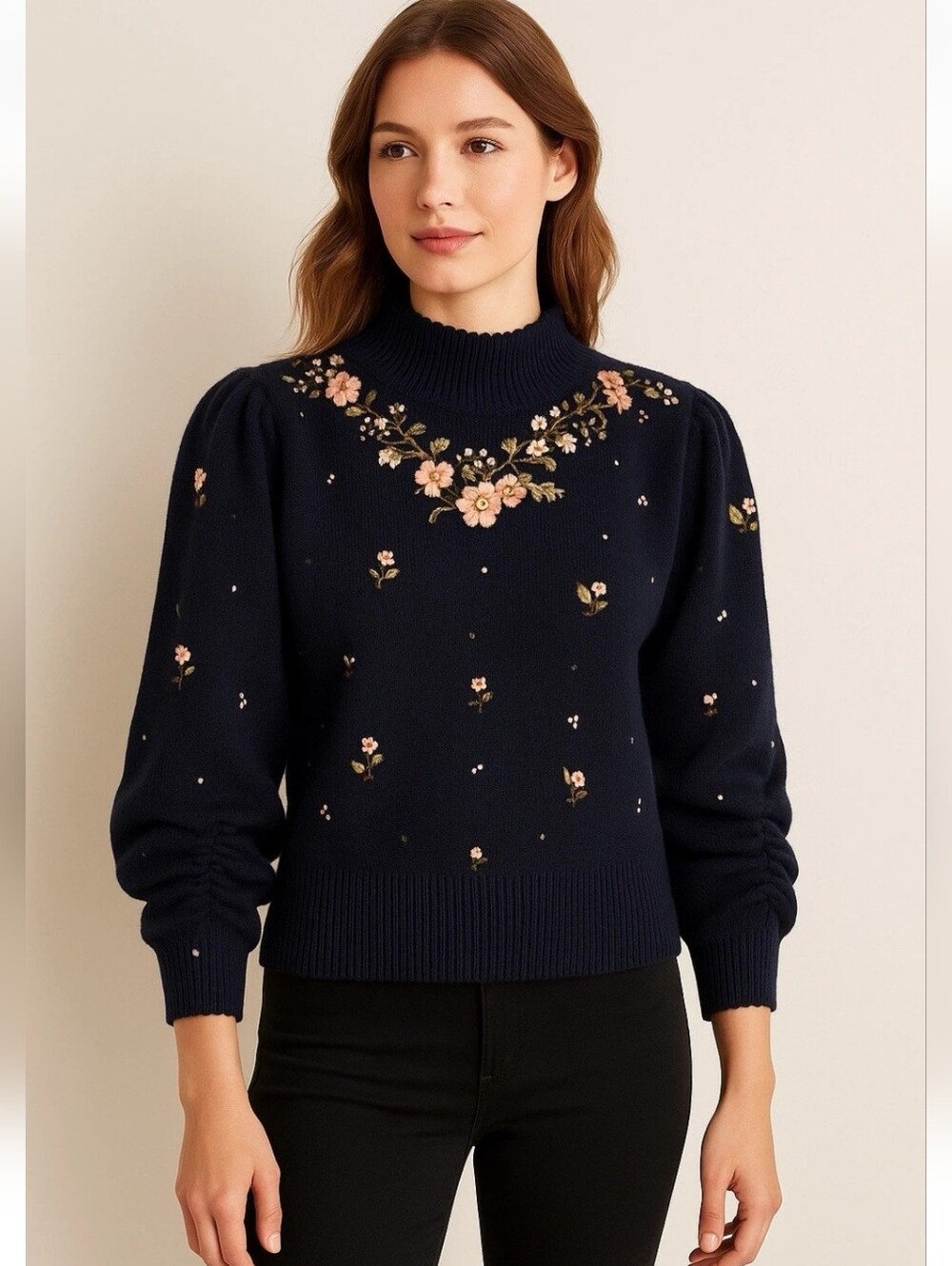Herman Geist Vintage Navy Floral Embroidered Wool Blend Women’s Sweater Sz S
